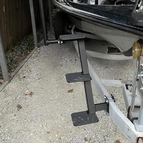 Image of Boat Trailer Step, 3 Steps Ladder for Trailer Tongue with Handrail | Heavy Duty Steel, Widended Steps, Anti-Slip, Triangle Supports, Left or Right Adjustable Handrail, 450lbs Capacity