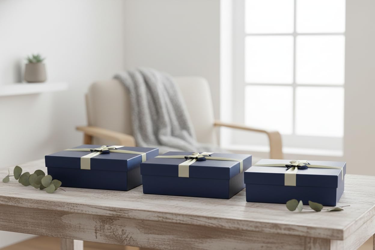 Emartbuy Set Von 3 Geschenkbox, Blaue Box Mit Deckel Und Cremefarbenes Satinband