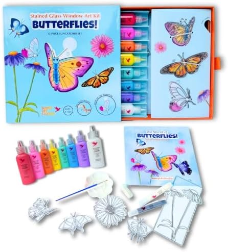 SunnyLifeStudios Butterfly Suncatcher Craft Kit for Kids – Stained Glass Window Art Kit with Activity Book & Paint Set | DIY Craft Gift Ages 8–12+