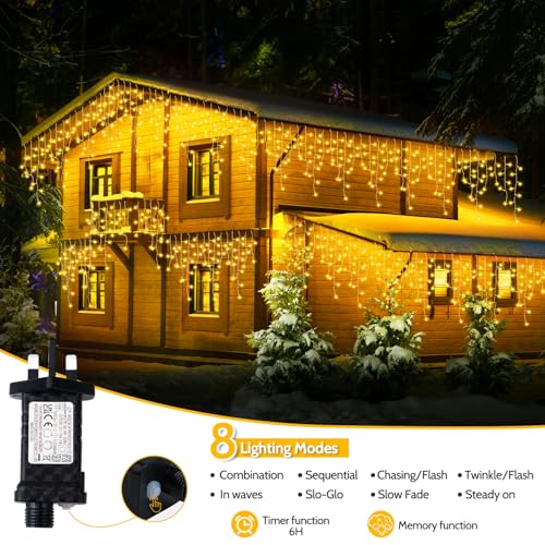 Buudala Icicle Outdoor Christmas Lights, 200 LED 6.4+5M Waterproof Fairy String Lights, 8 Modes with Memory, 6-Hour Timer, Mains Powered Indoor & Outdoor for Window, Roof, Garden, Wall (Warm White) - Image 2