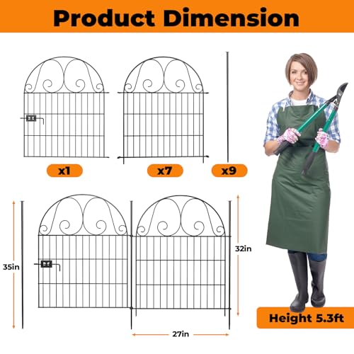 8 Pannels Garden Fence Animal Barrier,Decorative Garden Fence with Gate, No Dig Fencing for Yard,32in(H),Total Length 17.5Ft，Arched Metal Fence Panels,Rustproof Black by POPMOON - Image 2