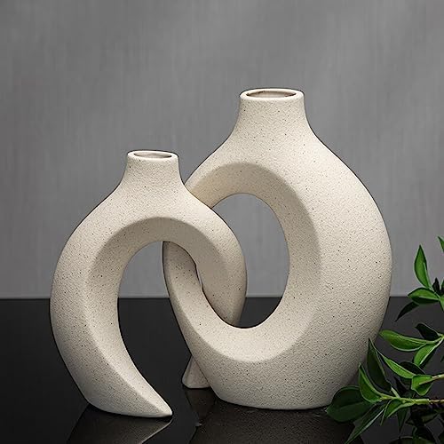 Cream Color Ceramic Vase for Modern Home Decor, Matte Snuggle Hollow Flower Vase for Pampas Grass,Boho Decor Donut Vase Set of 2 for Coffee Table Office Bookshelf Living Room Decor
