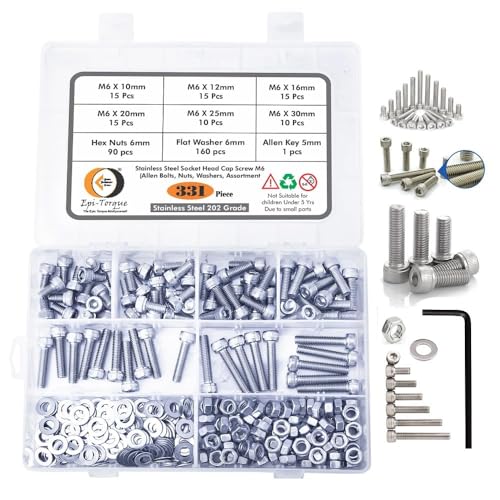 Image of Metric M6 Stainless Alloy Steel 202 Grade Hex Socket Head Cap Screws Nuts Allen Bolt Washer, Allen Keys Assortment Kit Set with Storage Box - Pack of 331 Pcs