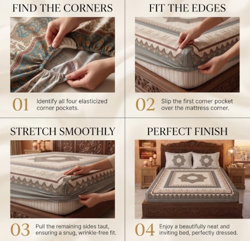 Image of VAS COLLECTIONS 240 TC Cotton King Size Fitted Bedsheet, Premium Soft Breathable Stretchable Mattress Sheet, Skin Friendly Durable Printed Bed Cover for Double Bed, 72 x 78 + 10 Inches - Warm Pearl