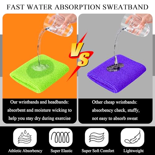 Image of 48PCS Neon Sweatbands, Colorful Sport Headband Wristband Set for Kids, Breathable Terry Cloth Athletic Sweat Bands for Basketball Tennis Running Football, Multicolor