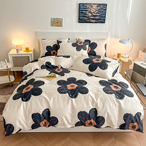 BlueBlue Flower Kids Duvet Cover Set, 100% Cotton Bedding for Boys Girls Teens, Cartoon Cute Dark Gray Black Floral Pattern on Cream White, 1 Full Comforter Cover 2 Pillow Shams (Queen) by BlueBlue - Used condition - US$19.76