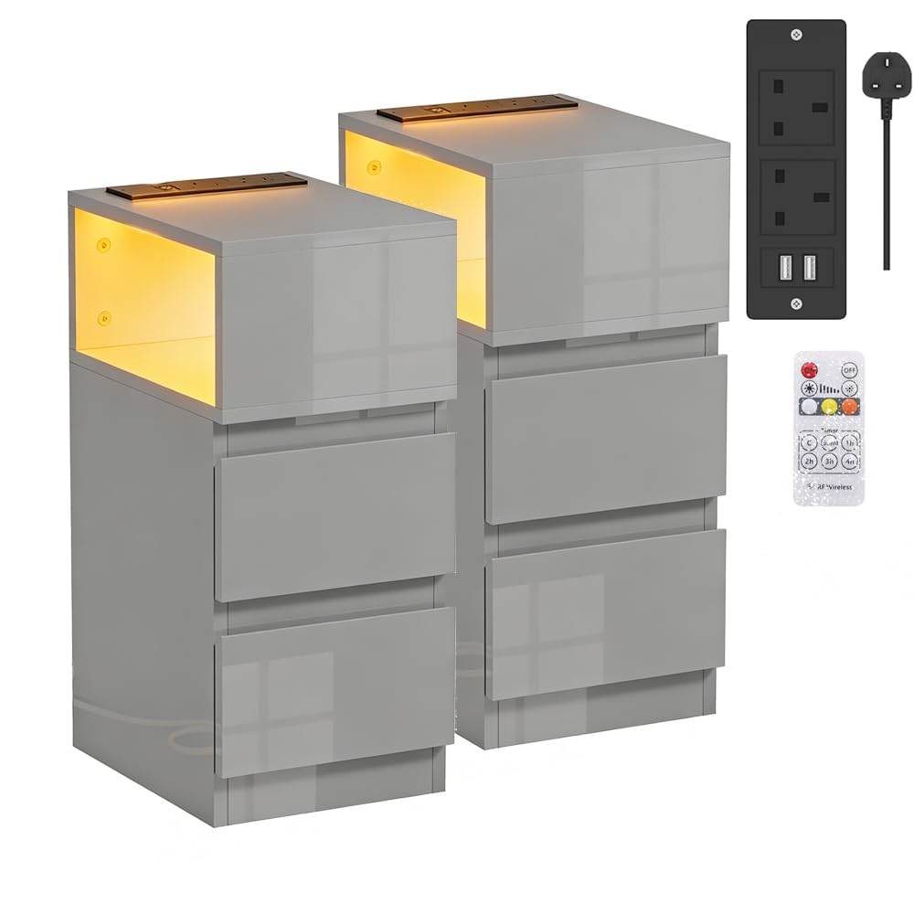 Rainbow Tree Slim Bedside Table with Charging Station&LED Light, Modern Narrow Bedside Cabinet with 3 Drawers, Nightstand Side Sofa Tables 25x35x60cm (2, High Gloss Grey with Shelf)