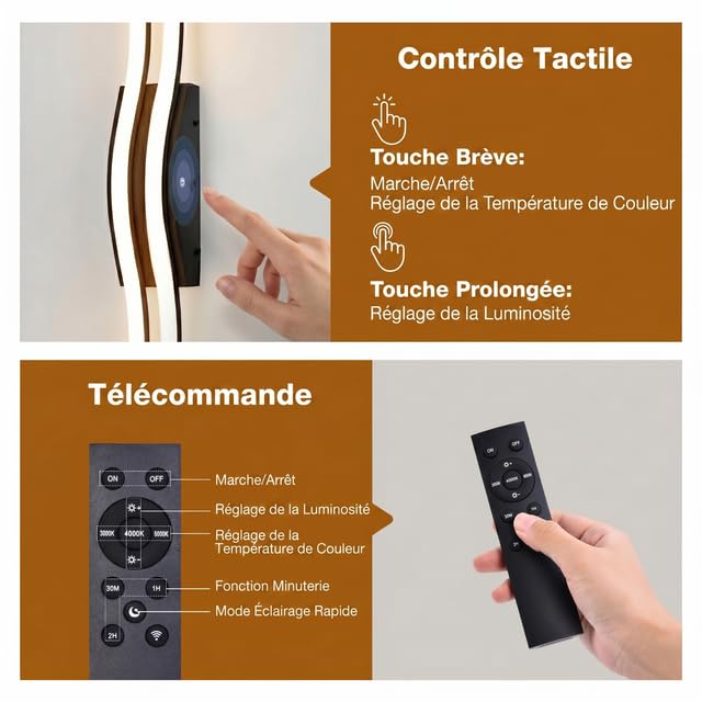 Applique Murale Sans Fil Rechargeable LED, 10000mAh Lampe Murale Intérieur Design Ondulé Moderne avec Télécommande et Tactile, Batterie, 140cm Intensité Variable, 3 Couleurs pour Salon, Chambre, Noir