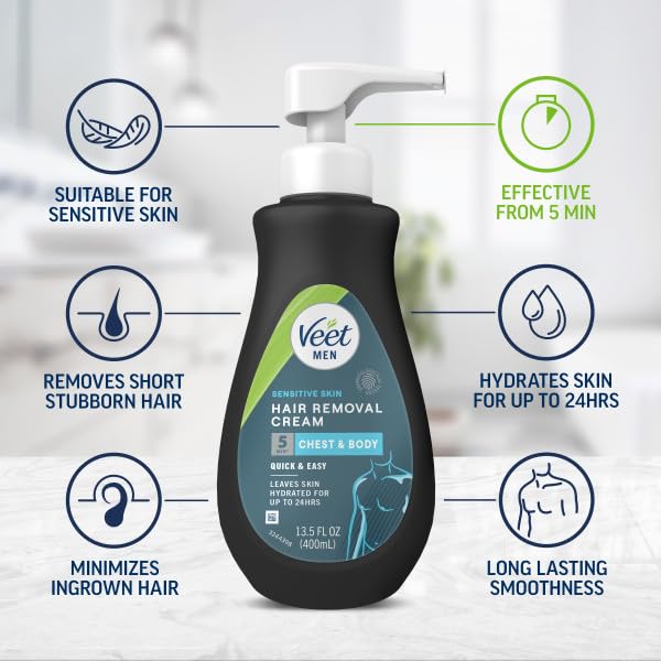 Miniatura 3 de Veet Crema depilatoria para hombres para pieles sensibles, 13.5 onzas líquidas, aspecto limpio de acción rápida sin dolor de larga duración, crema