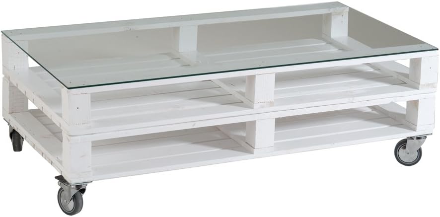 Castagnetti 1928 Double pallet coffee table, Up down with glass, Fir wood, white
