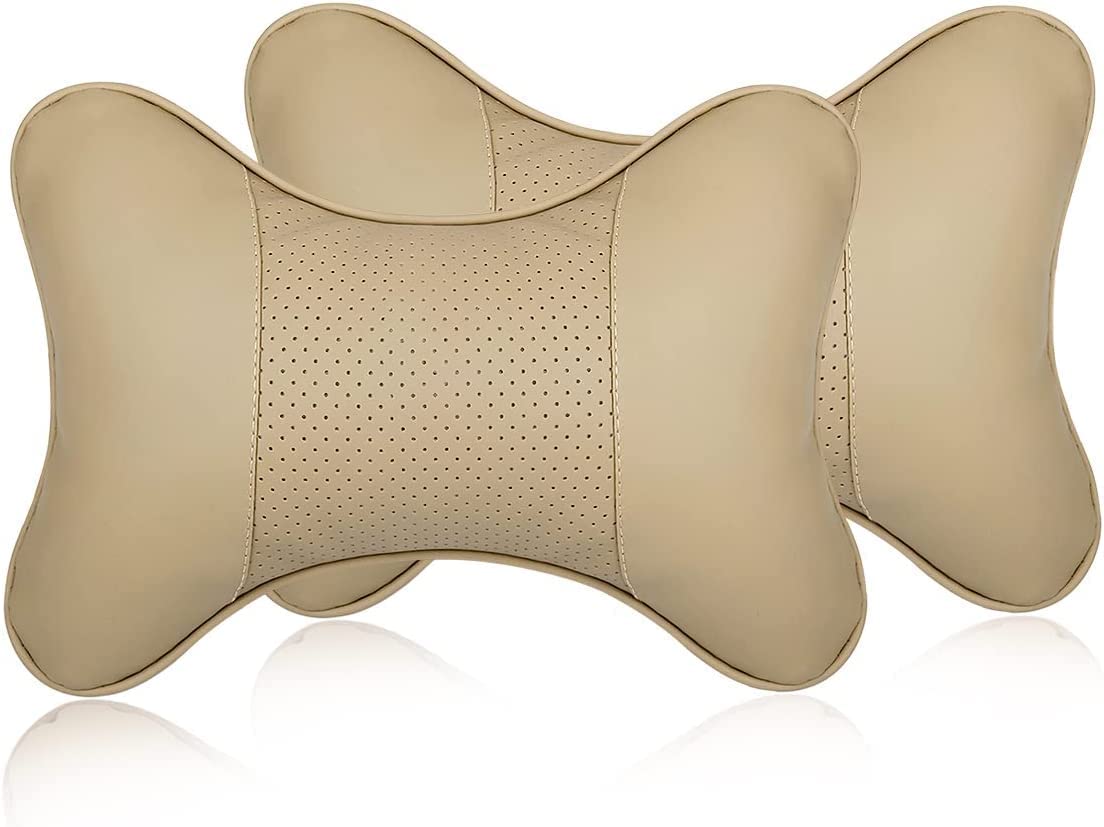 Yobbo Juego de 2 cojines universales para el cuello del coche, con correa ajustable, piel sintética, algodón, para todos los coches, asiento de silla de hogar y oficina (paquete de 2) (color beige)