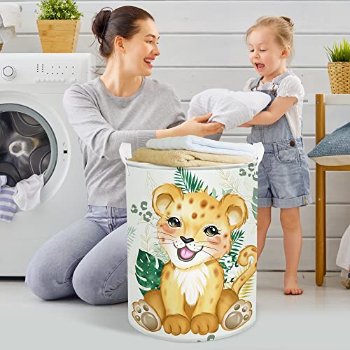 Clastyle 45L Green Tropical Palm Leaves Leopard Kids Laundry Hamper Round Toy Clothes Storage Basket For Nursery Room, 14.2X17.7 In #TOP3