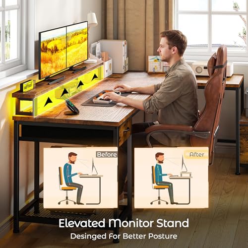 Image of DurayLoly 63 inch L Shaped Desk with 2 Drawers and Printer Stand,Bedroom,Brown | Large Computer Desk with Led Lights & Power Outlets,Monitor Stand and Storage Shelves,Corner Desk,Gaming, Work, Home Office