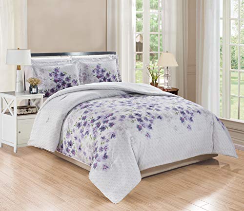 3-Piece King Size Fine Printed Comforter Set Goose Down Alternative Bedding (Purple, Grey, Sage Green, Floral)