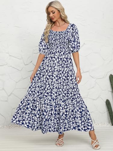 Image of Lyrur Summer Boho Smocked Maxi Dresses for Women Casual Puff Sleeve Square Neck A Line Tiered Ruffle Ankle Length Dress