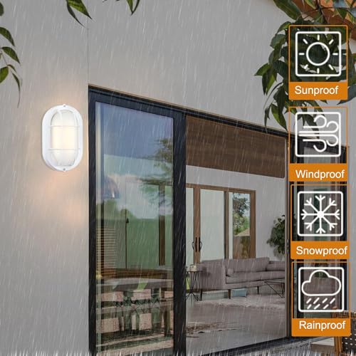 Image of GRUENLICH Outdoor Bulkhead Light, LED Oval Wall Sconce, Rustproof, White | 8.5 inch Dimmable Wall Light for Porch, Garage, Walkway, Nautical, 6W 600 Lumen, Aluminum, Glass, Waterproof, 3000K, 1 Pack