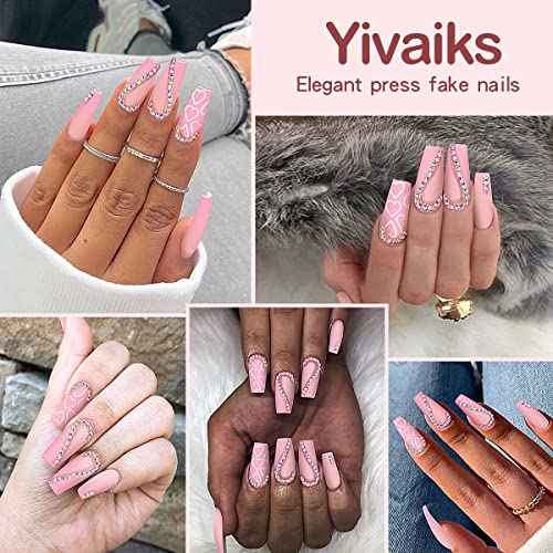 Square Press On Nails Long Coffin French Press On False Nails With Designs Nude Pink Rhinestones Acrylic Nails Press On Stick On Nails For Women Girls #TOP3