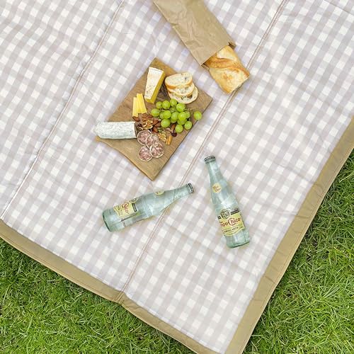 Image of Little Unicorn 5'x7' Outdoor Family Picnic & Beach Blanket | Durable & Water-Resistant Fabric | Compact Fold & Easily Wipes Clean | Zipper Pocket (Beige Buffalo Check