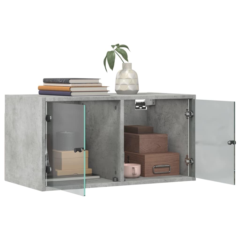 2er Set Wandschränke mit Glastüren Betongrau 68,5x37x35 cm - Moderner Hängeschrank aus Holzwerkstoff für Wohnzimmer Büro & Flur - Stilvolle Wandvitrine mit Stauraum