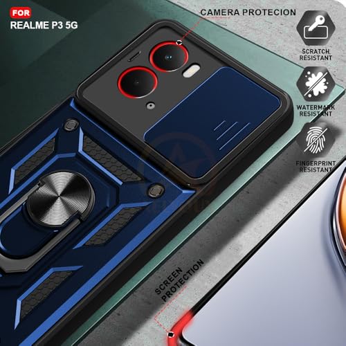 Image of Armor Bumper Back Cover Case for Realme P3 5G Rotating Camera Cover, Ring Holder & Kickstand | Heavy Duty & 360 Degree Protection Realme P3 5G Back Cover (Blue)