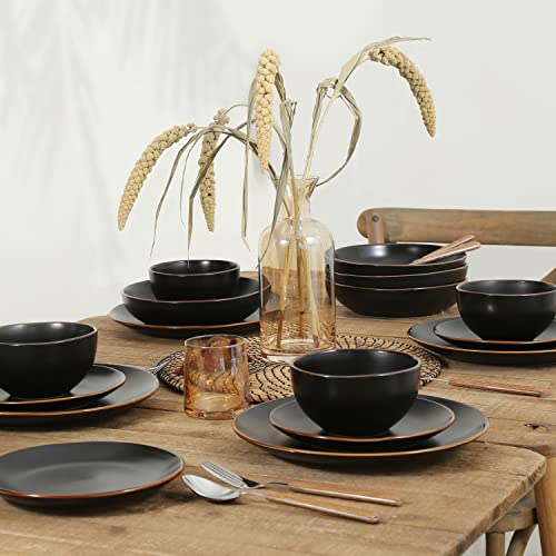 Image of Stone Lain Brasa Stoneware 32 Piece Modern Dinnerware Set, Plates and Bowls, Service for 8, Black, Microwave & Dishwasher Safe