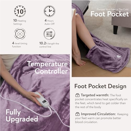 Image of Wapaneus Foot Pocket Heated Blanket Electric Throw with 10 Heating Levels and 4 Timer Settings 4 Hours Auto Shut Off, Flannel Fast-Heating Heated Throw 50 inch x 60 inch, Machine Washable, Purple