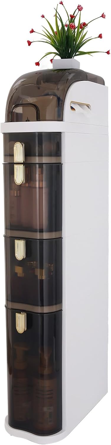 Bathroom Floor Cabinet, Narrow Bathroom Storage Cabinet, Mobile and No Installation Required, Perfect for Small Space Laundry Rooms, Toilet Areas and Living Room Gaps 4-Tiers