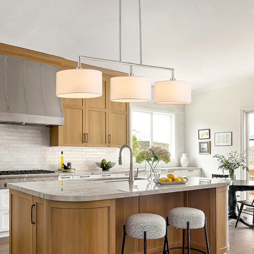 Image of 47 inch Linear Kitchen Island Lighting 3-Light Brushed Nickel Chandelier with White Fabric Drum Shade Adjustable Hanging Pendant Light for Dining Room Light Fixtures Over Table,Kitchen,Bar,Living Room,E26