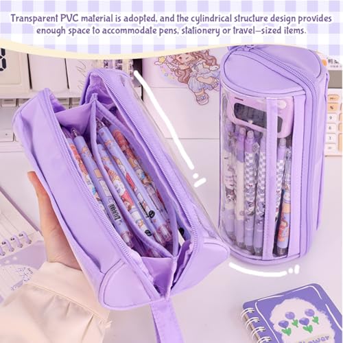 Image of Zibuyu Cylindrical Pencil Case, Oxford PVC Toiletry Pouch, Waterproof Zippe