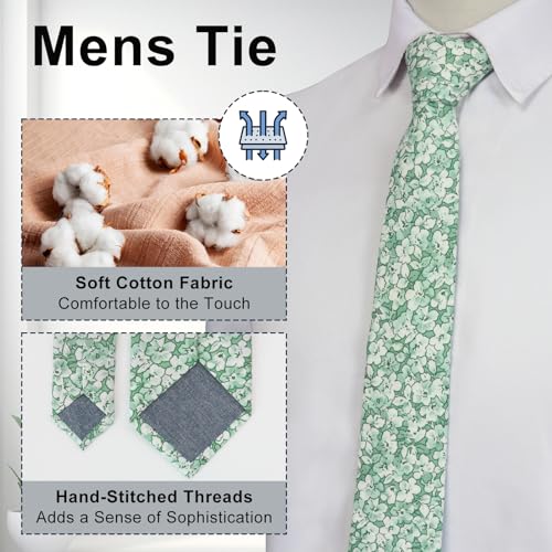 Image of Luckyvestir Ties for Men, Sage Green Cotton Floral Tie 2.76 inch Flower Printed Men's Neckties for Wedding /Groomsmen /Suit /Party