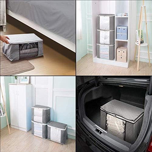 Storage Bags with Double Zippers,Large Capacity Foldable Storage Bag for Comforters, Large Clear Window & Portable Handles, Great for Clothes, Blankets, Closets, Bedrooms cleaning(Grey, 3 Packs)