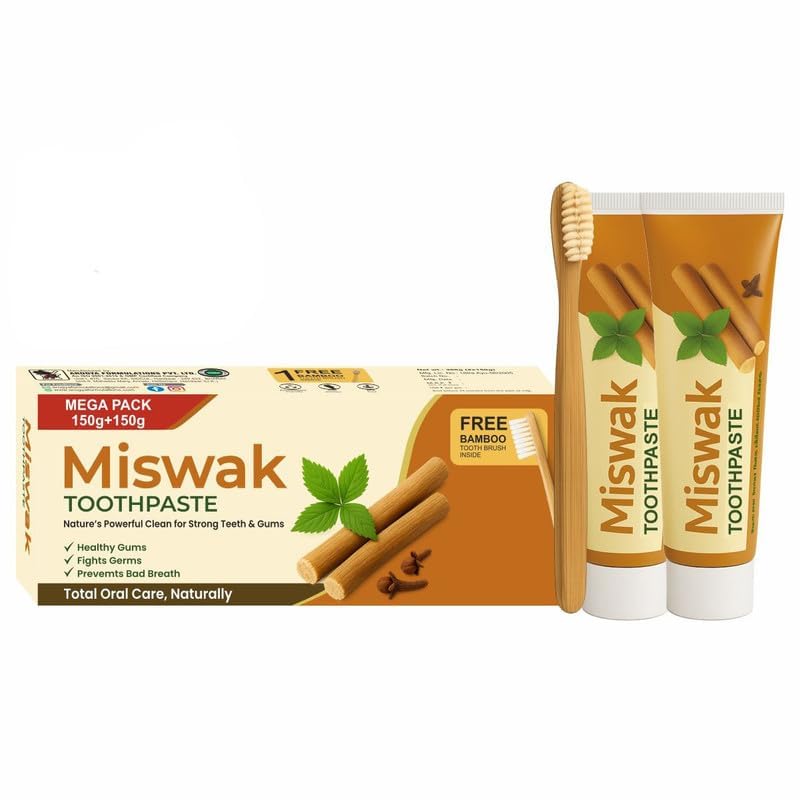 Arogya Ayurvedic Miswak Toothpaste 300g (Pack of 2 x 150g) with Free Bamboo Toothbrush, Herbal Toothpaste for Complete Oral Care for Healthy Gums, Fresh Breath & Daily Oral Hygiene, Germ Protection, Fluoride-Free Tooth Paste for Teeth Cleaning, Dental Care-image-29