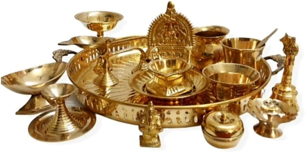 Brass Puja Thali Set (15 Items) - with Handles for Puja, Gift, Home Decor - 11 inches