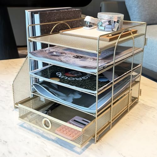 5-Tier Paper Letter Organizer with File Holder, Desk Organizer with Drawer, Mesh Desktop Storage with Magazine Holder for Office Supplies (Golden)