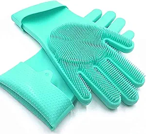 Finebasket Silicone Dishwashing Gloves, Rubber Scrubbing Gloves for Dishes, Silicon Hand Gloves for Multi Purpose use (Pack of 1 Pair) (Assorted Multi Colour)