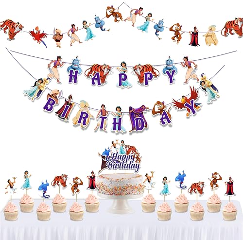 Aladn Theme Party Decorations - Arabian Princess Birthday Decor, Magic Lamp Genie Inspired Party Supplies, Desert Palace Theme Birthday Banner, Cake Topper & Dessert Table Decorations