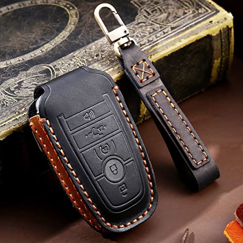 Easyant Leather Car Key Fob Cover Fit For Ford F-150 Mustang Remote Keyless Entry Car Smart Key Sleeve 5 Buttons Black #TOP5