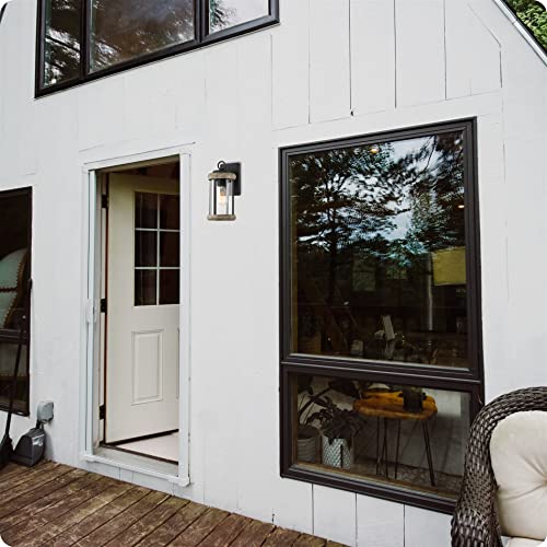 Kira Home Dorsey 12" 1-Light Rustic Traditional Indoor Outdoor Weather Resistant Wall Sconce + Cylinder Glass Shade, Weathered Oak Wood Style + Textured Black Finish #TOP1