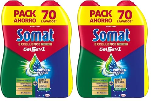Somat Excellence Gel Anti-Grasa (70 lavados), detergente lavavajillas desengrasante, lavavajilla líquido automático en botella, jabón para platos con desengrasantes activos (Paquete de 2)