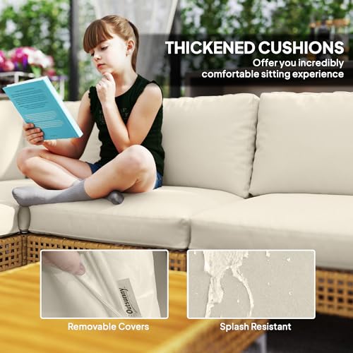 Outsunny 7 Piece Wicker Patio Furniture Set, Modular Outdoor Sectional with Thickened Cushions, Rattan Outdoor Furniture Conversation Set with Slatted Acacia Wood Table for Backyard - Image 7