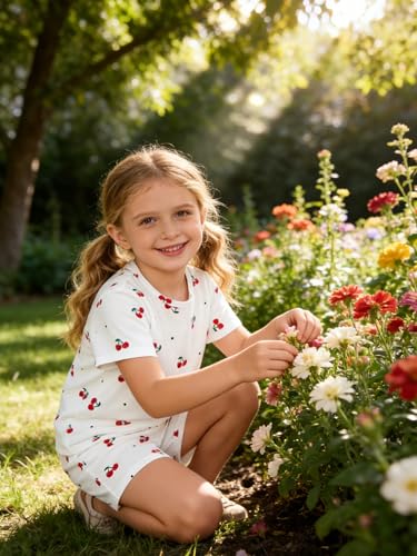 Image of KIDLAGA Girls Two Piece Sets Cherry Pattern Short Sleeve Shirts and Shorts Set With Pockets Girls Summer Outfits Size 7-14