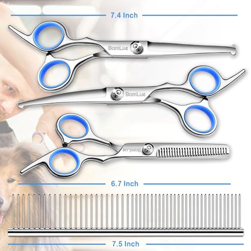 Bamlue Tesoura profissional 6 em 1 de aço inoxidável 4CR com ponta redonda para cuidados com cães, t