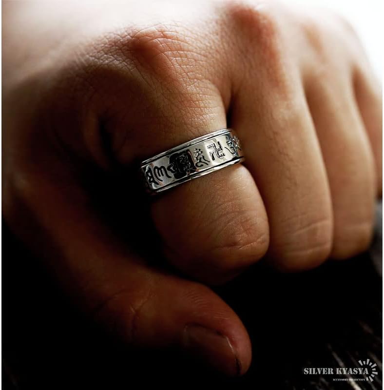 期間限定10％OFF 18,260円→16,434円】2/13 10時まで！シルバー925 六字真言 リング ring 指輪 梵字 万字 密教法具  お守り 守護 宗教 ギミック 動くアクセサリー 甲丸リング ごつい シルバー sillver 銀 メンズ 刻印 - 【SILVERKYASYA  ギフトモール店】- プレゼント ... [silver KYASYA]シルバー925 シルバーリング 六字真言 指輪 梵字 万字 密教法具 お守り 守護 宗教 ギミック 動