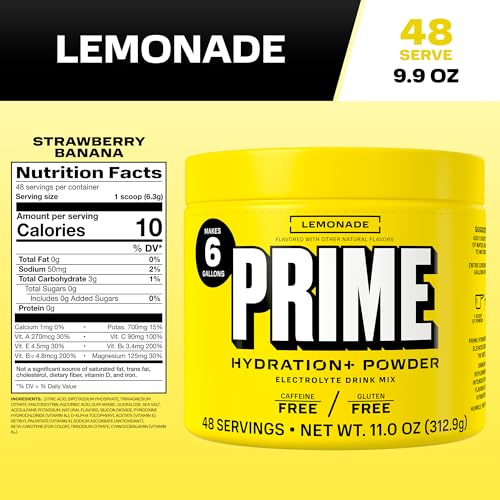 Image of PRIME HYDRATION+ Electrolyte Powder, Lemonade, Sugar Free Hydration Drink Mix with Potassium, Magnesium & B Vitamins to Replenish Fluids, Caffeine Free, 6 Gallon Tub, 48 SRV