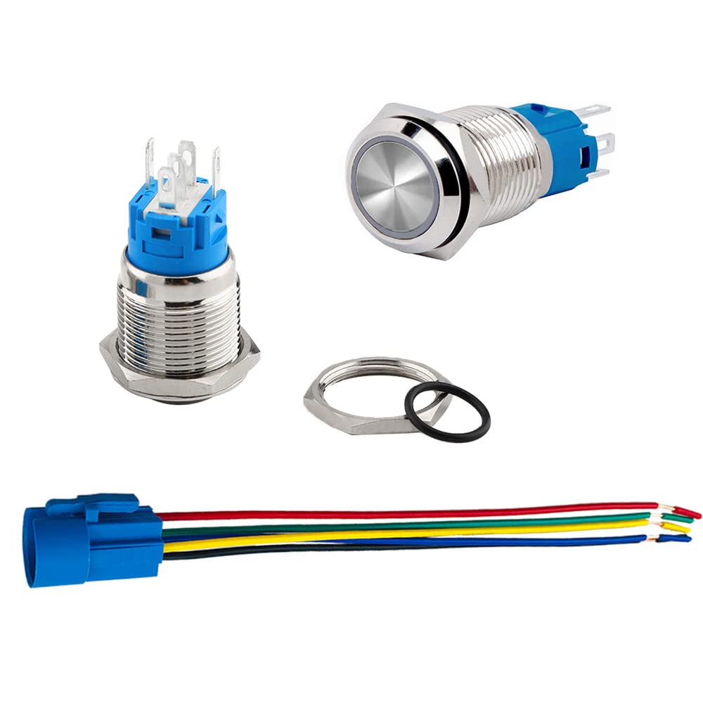 2 sztuki, chwilowy przełącznik przyciskowy, 16 mm, 12 V / 24 V 5 A, wodoodporny przełącznik przyciskowy ze stali nierdzewnej, IP67, z okablowanym gniazdem (biała dioda LED)