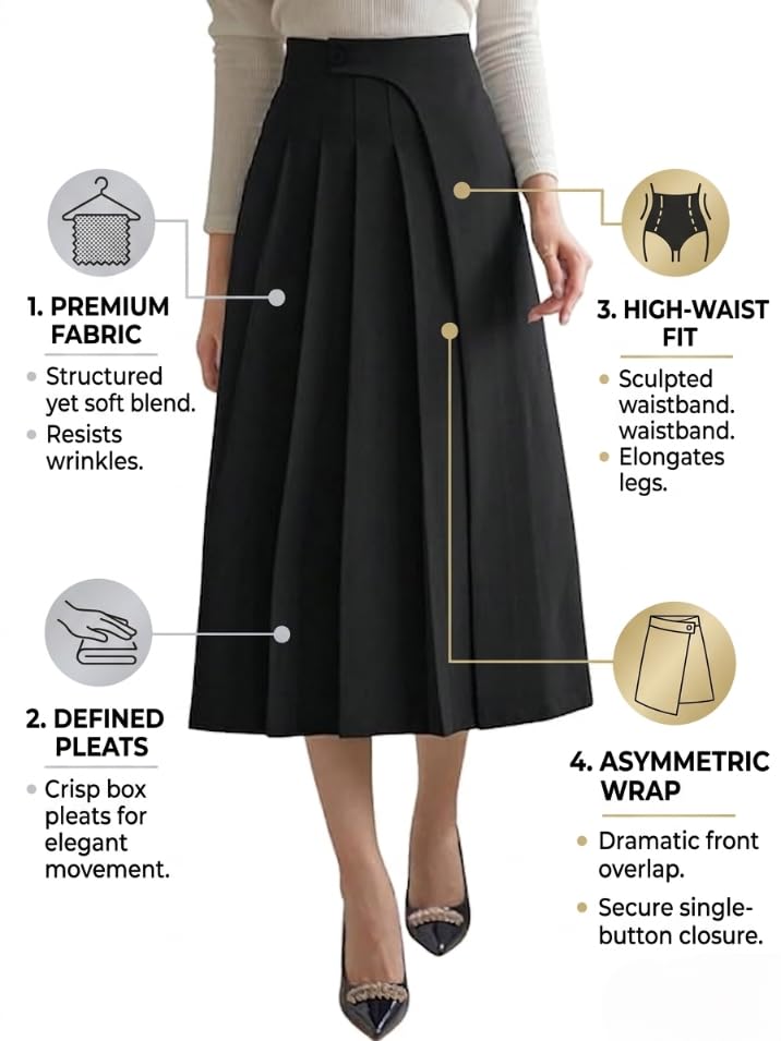 Image of GRECIILOOKS Elegant High Waisted Pleated Midi Skirt for Women, A Line Polyblend Fabric Flared Skirt with Back Zipper, Ideal for Office, Casual and Formal