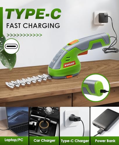 Pinoze Cordless Grass Shear & Hedge Trimmer - 2 In 1 Handheld 7.2V Small Electric Bush Trimmer, 2.0Ah Rechargeable Battery Powered Shrub Trimmers Grass Cutter For Garden, Yard, Lawn Care - Grey/Green - 4