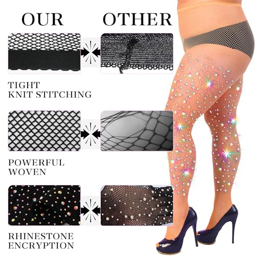 Image of HONENNA Queen Plus Size 10X Strong Rhinestone Fishnet Stockings, Ultra Sparkly High Waist Tights for Women, Party Concert