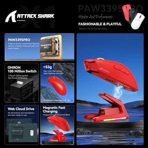 Image of ATTACK SHARK X1 Superlight Wireless Gaming Mouse with RGB Magnetic Charging Dock, BT /2.4G Wireless /Wired Gaming Mouse, PAW3395PRO Gaming Sensor, 40000DPI, 53g Office Mice for PC /Mac /Win /Xbox (Red)