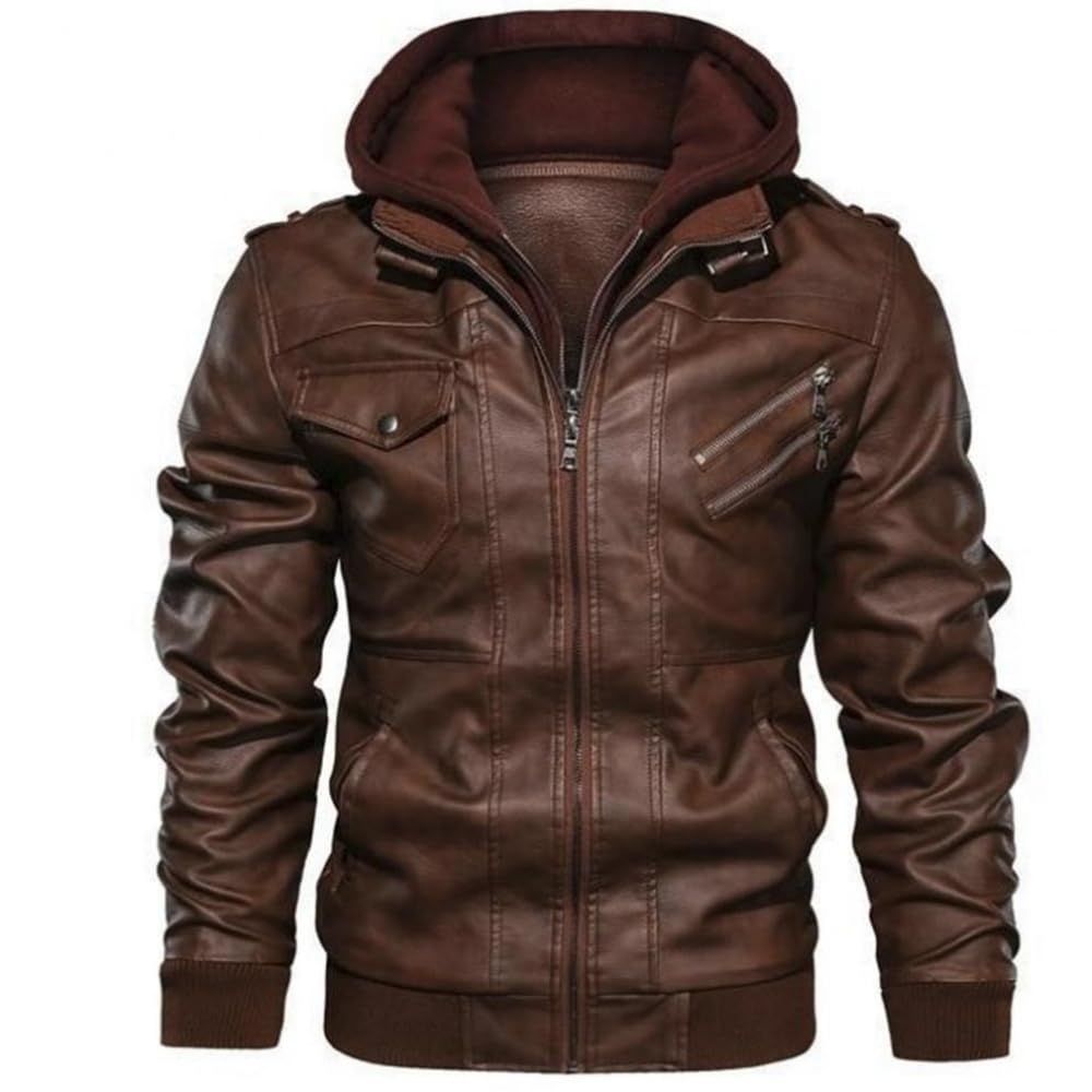 Generisch Herren Lederjacke, Abnehmbarer Kapuze Hooded Leather Jacket Mit Reißverschluss